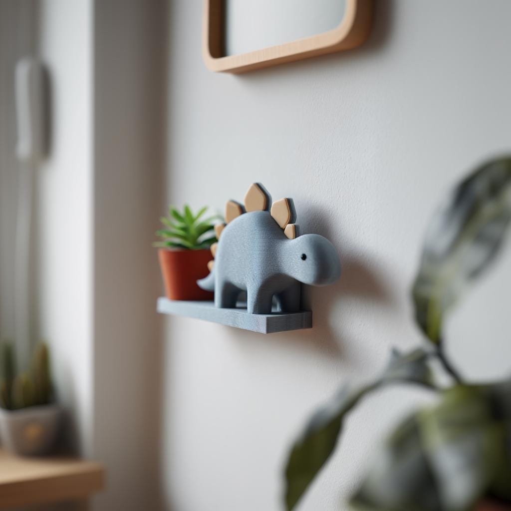 3D Printed Dinosaur Wall Shelf | Cute Stegosaurus Floating Ledge for Kids | Playful Nursery and Children’s Room Wall Accent Decor Piece