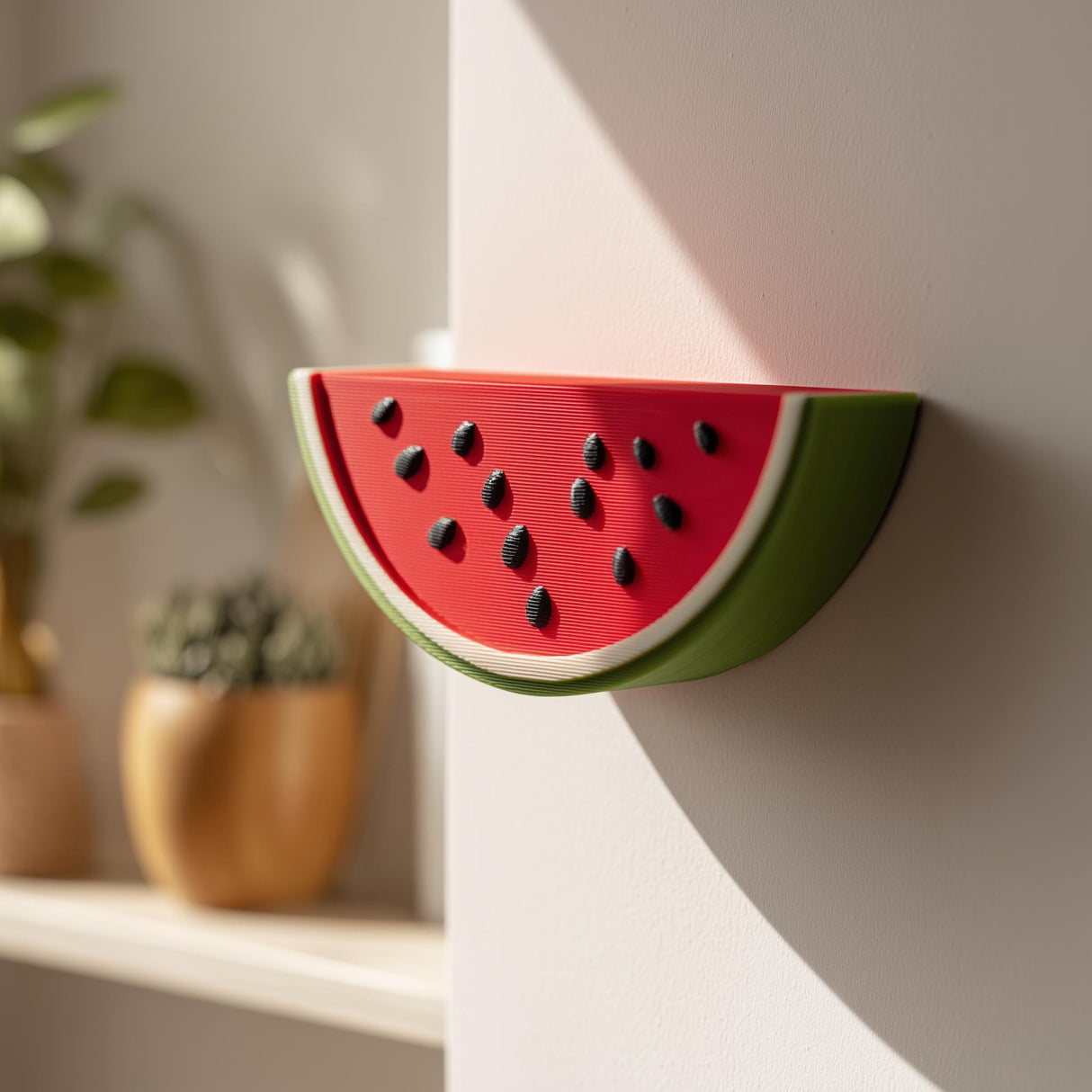 3D printed wall shelf shaped like a bright watermelon slice with seeds and rind, used as a small floating ledge on a light wall in a sunny room.