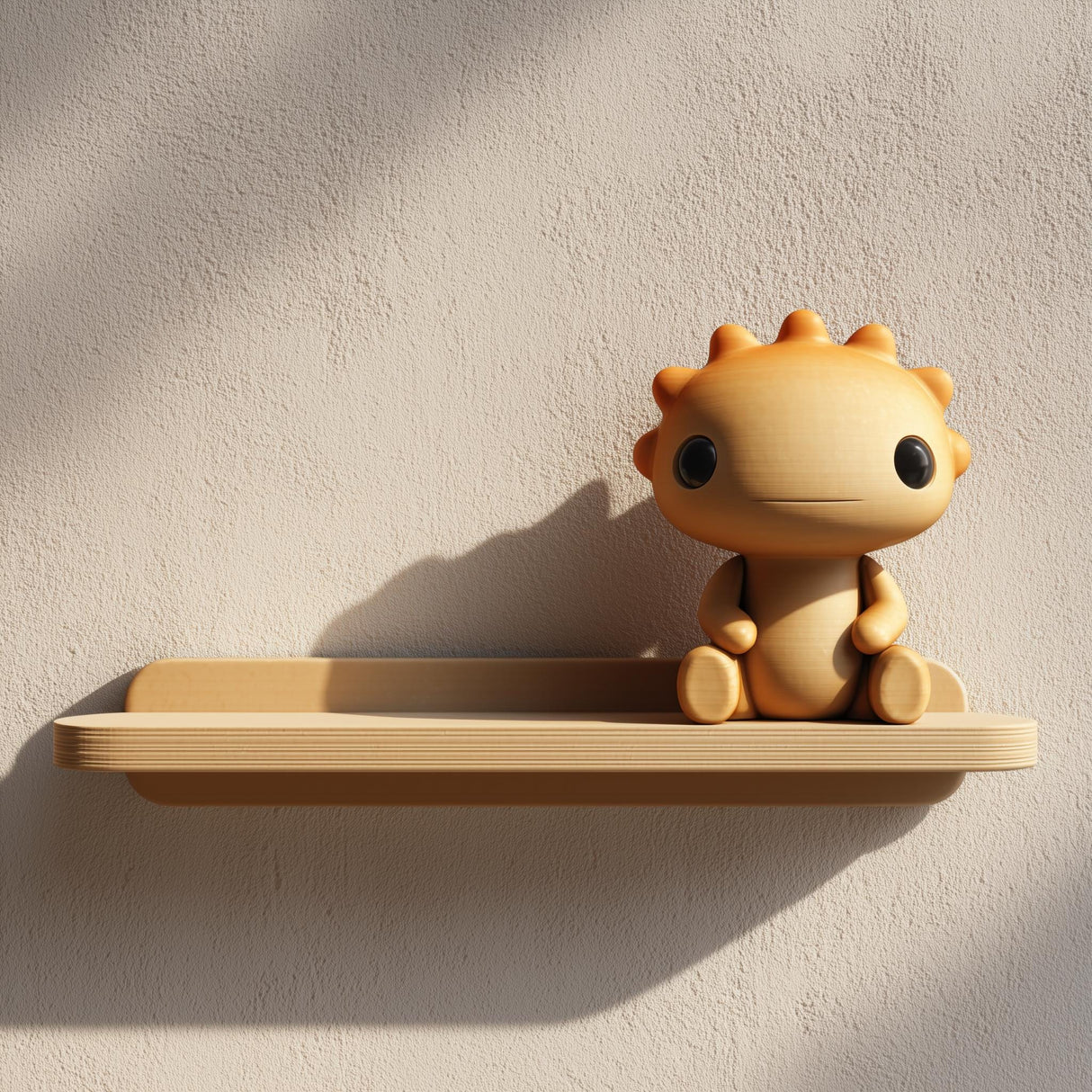 3D printed wall shelf with a small sun-like character sitting on a slim tray-style ledge, made from matte PLA plastic and mounted on a textured wall beside leaves.