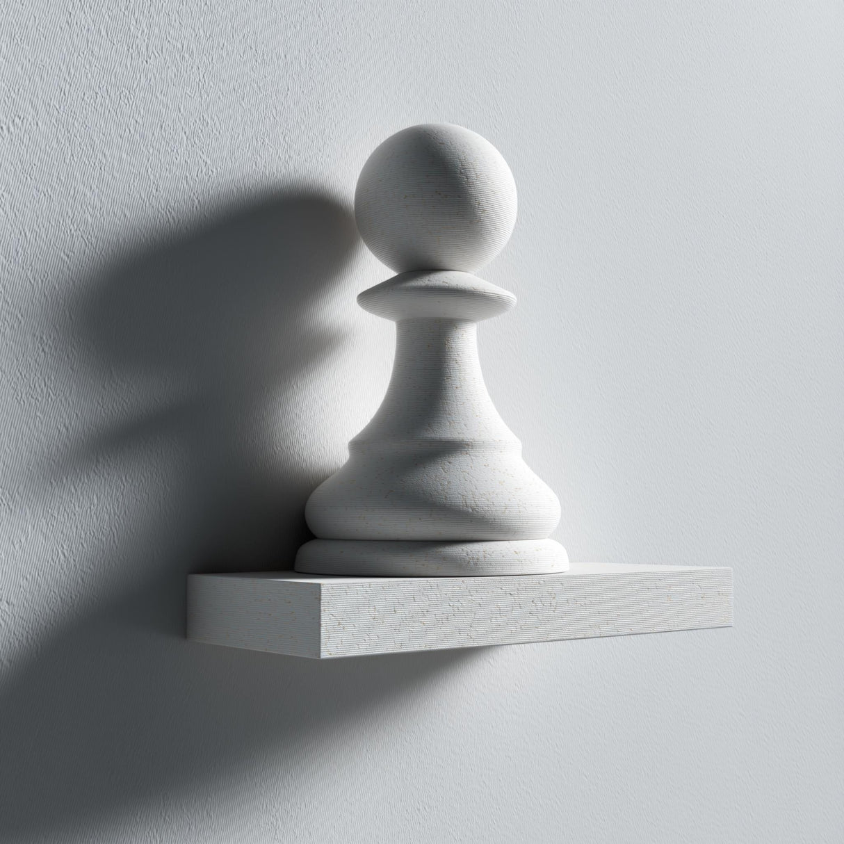 3D printed wall shelf with a large minimalist chess pawn integrated into a small rectangular ledge, made from matte PLA plastic on a light wall.
