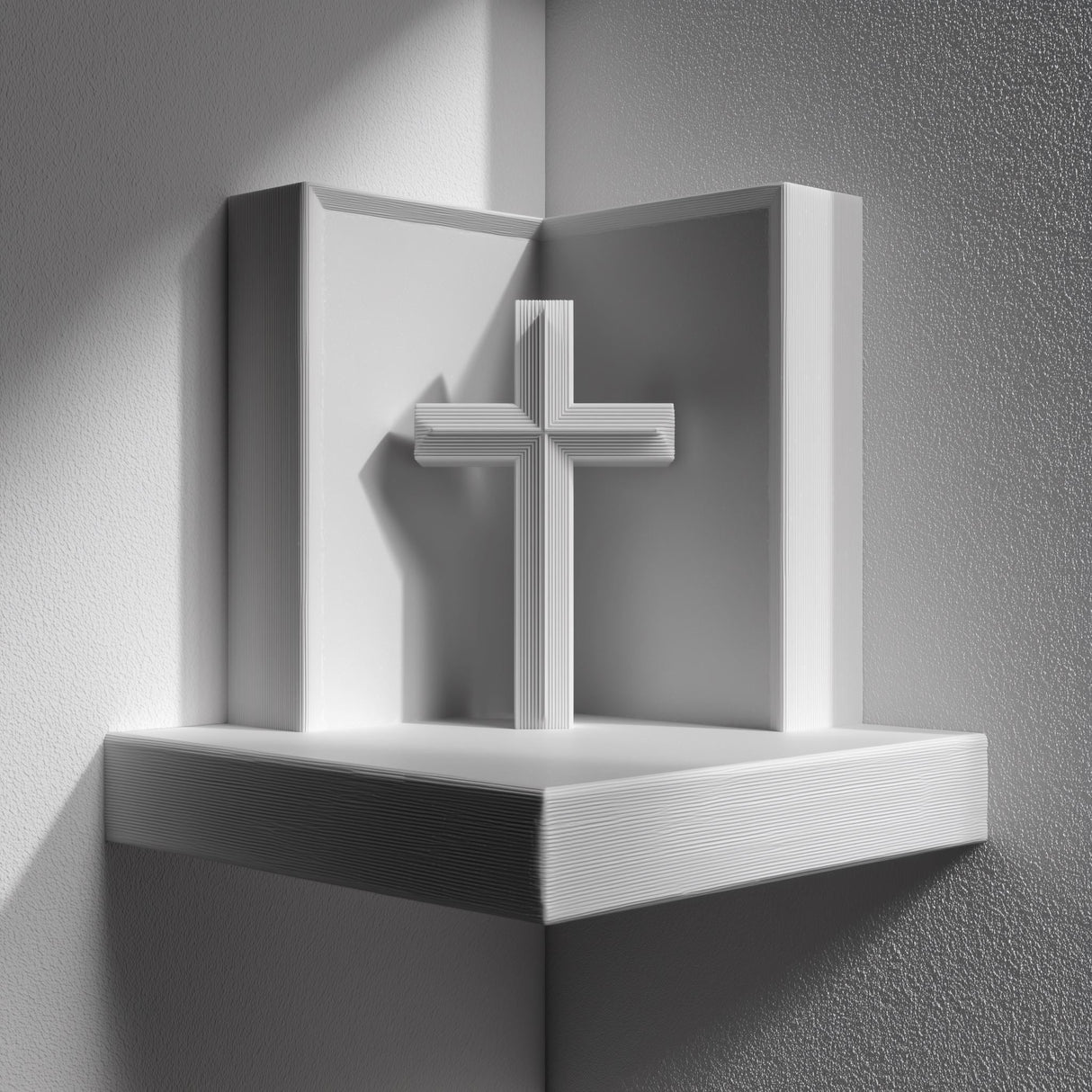 3D printed matte PLA corner wall shelf with a simple cross standing in a three-sided niche, mounted in a room corner with soft daylight.