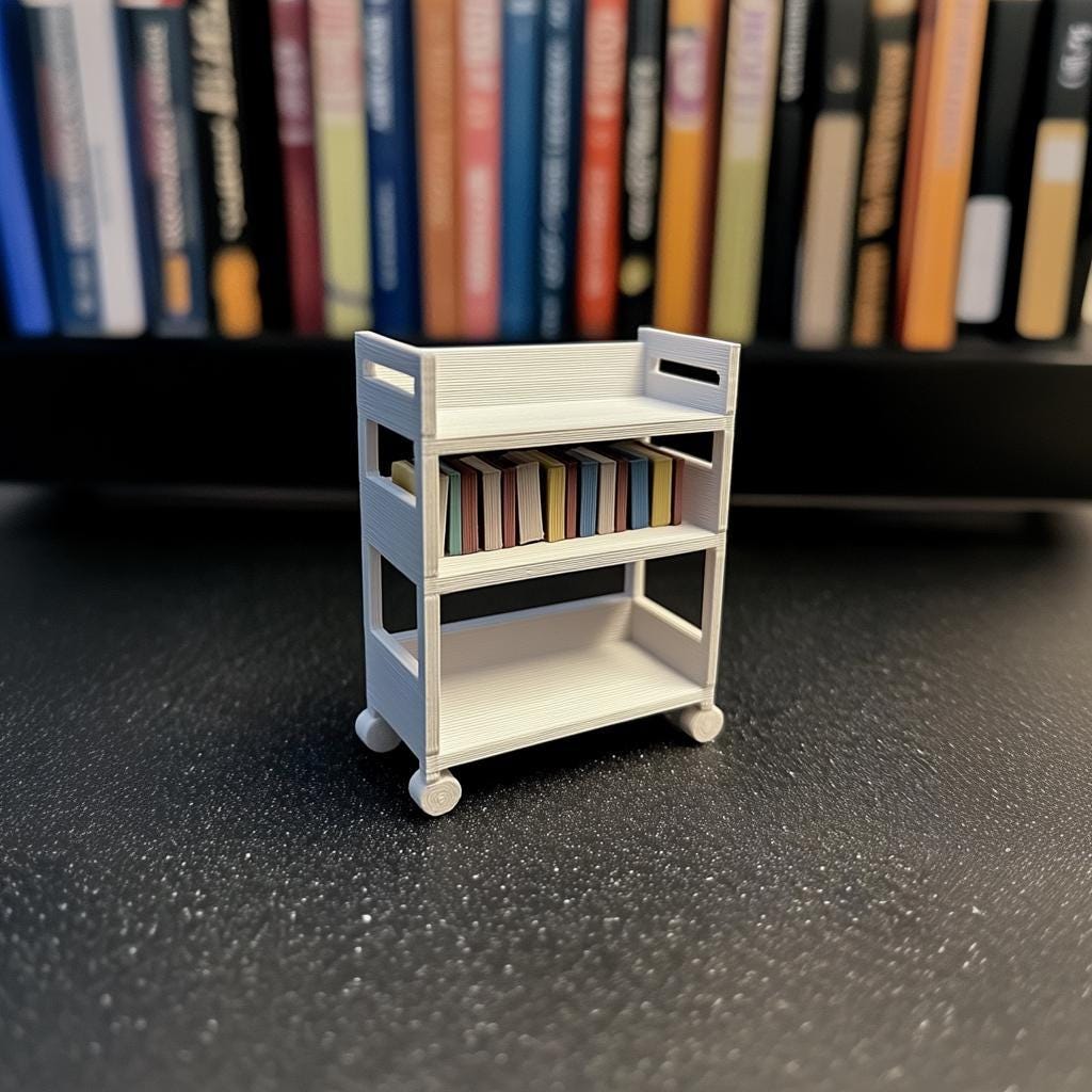 Dollhouse Library Cart | 1:12 Scale Miniature Bookshelf | 3D Printed Rolling Bookcase | Dollhouse Storage Shelf | Miniature Furniture