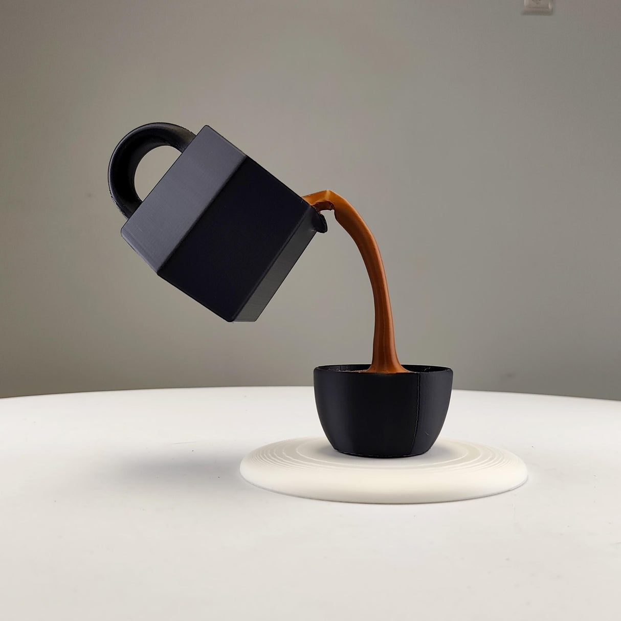 Floating Coffee Pour Sculpture | Black 3D Printed Coffee Art Optical Illusion Kitchen Decor | Coffee Lover Gift Barista Unique Coffee Bar