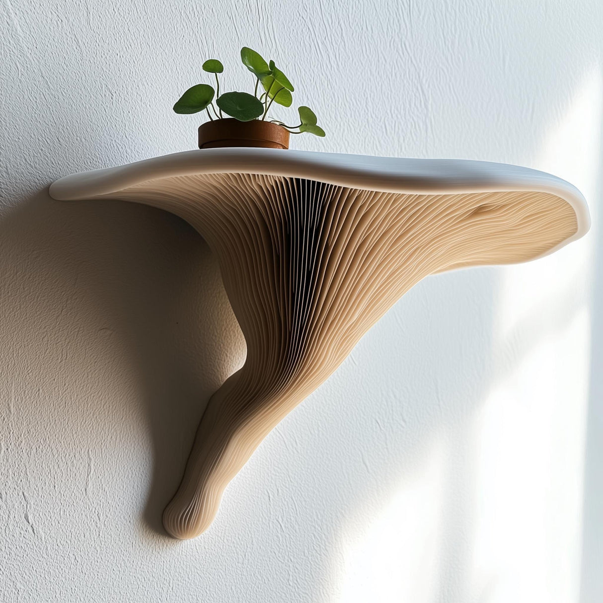 3D printed wall shelf inspired by the Deadly Galerina mushroom, featuring a white top and flowing light brown stem, mounted on a white textured wall with a potted plant on top.