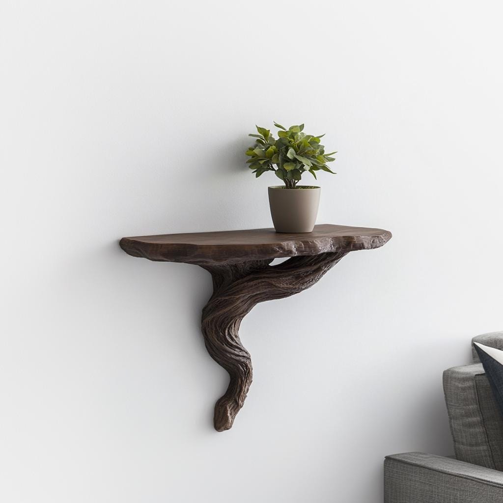 Twisted Root Wall Shelf | Organic Floating Shelf for Plants | 3D Printed Tree Shelf | Rustic Natural Decor Brown Nature Wall Art Decoration