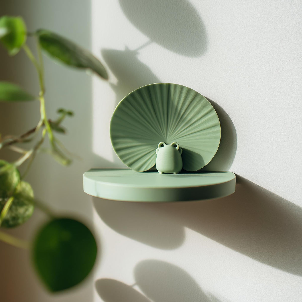 3D printed pastel green wall shelf with a round ledge and fan-textured circular backplate, styled with a tiny frog figure near hanging plants.