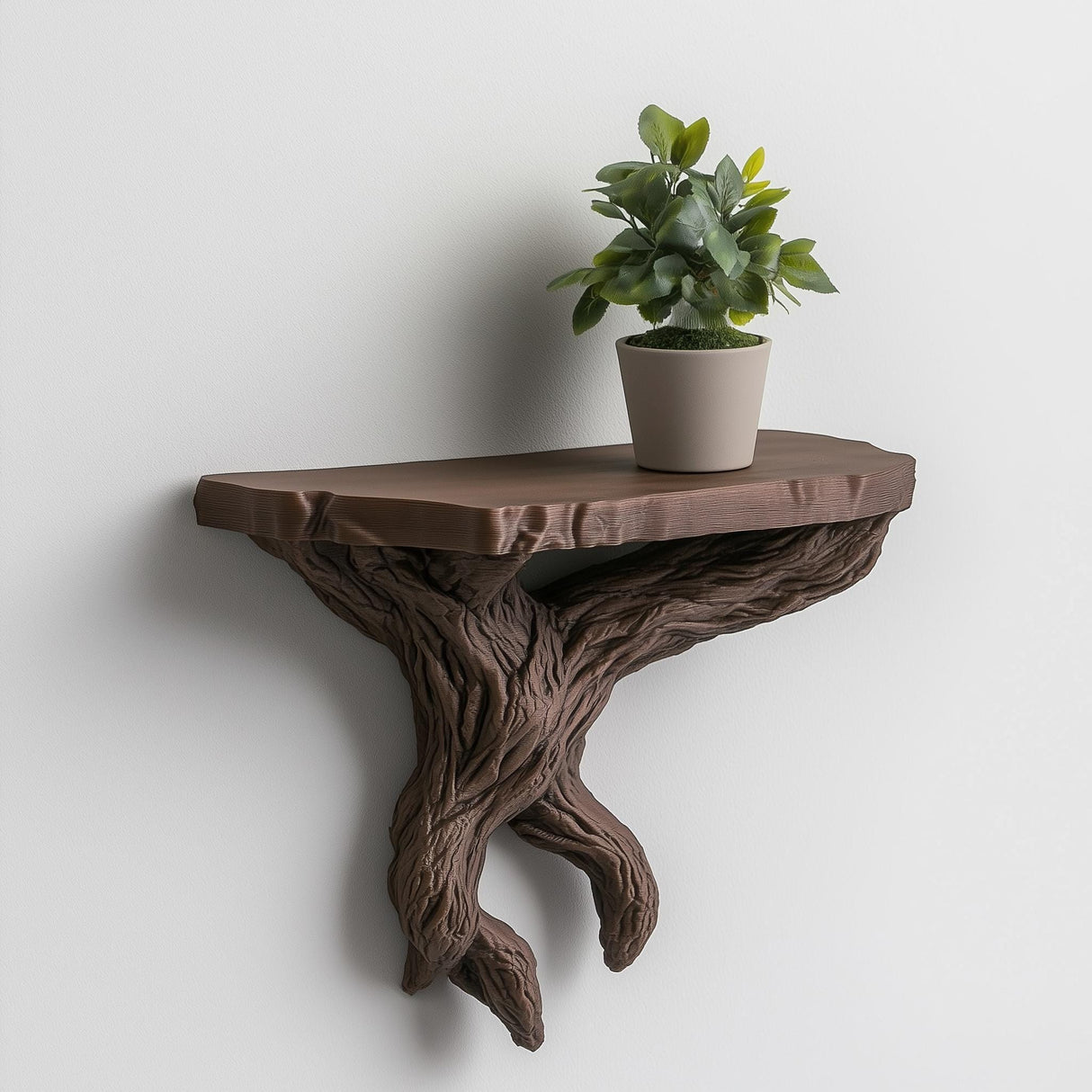 A dark brown 3D printed wall shelf resembling natural tree branches, mounted on a white wall, holding a small potted plant.