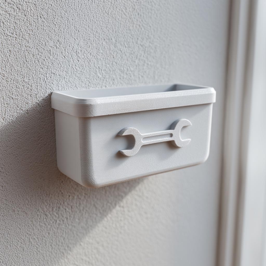 3D Printed Tool Wall Organizer Shelf | Minimal Garage Storage Bin with Wrench Icon | Modern Floating Caddy for Workshop and Utility Rooms