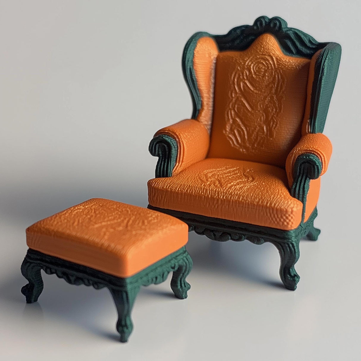 Dollhouse Baroque Armchair & Ottoman | 1:12 Scale Miniature Furniture 3D Printed Ornate Chair | Victorian Dollhouse Decor Miniature Seating