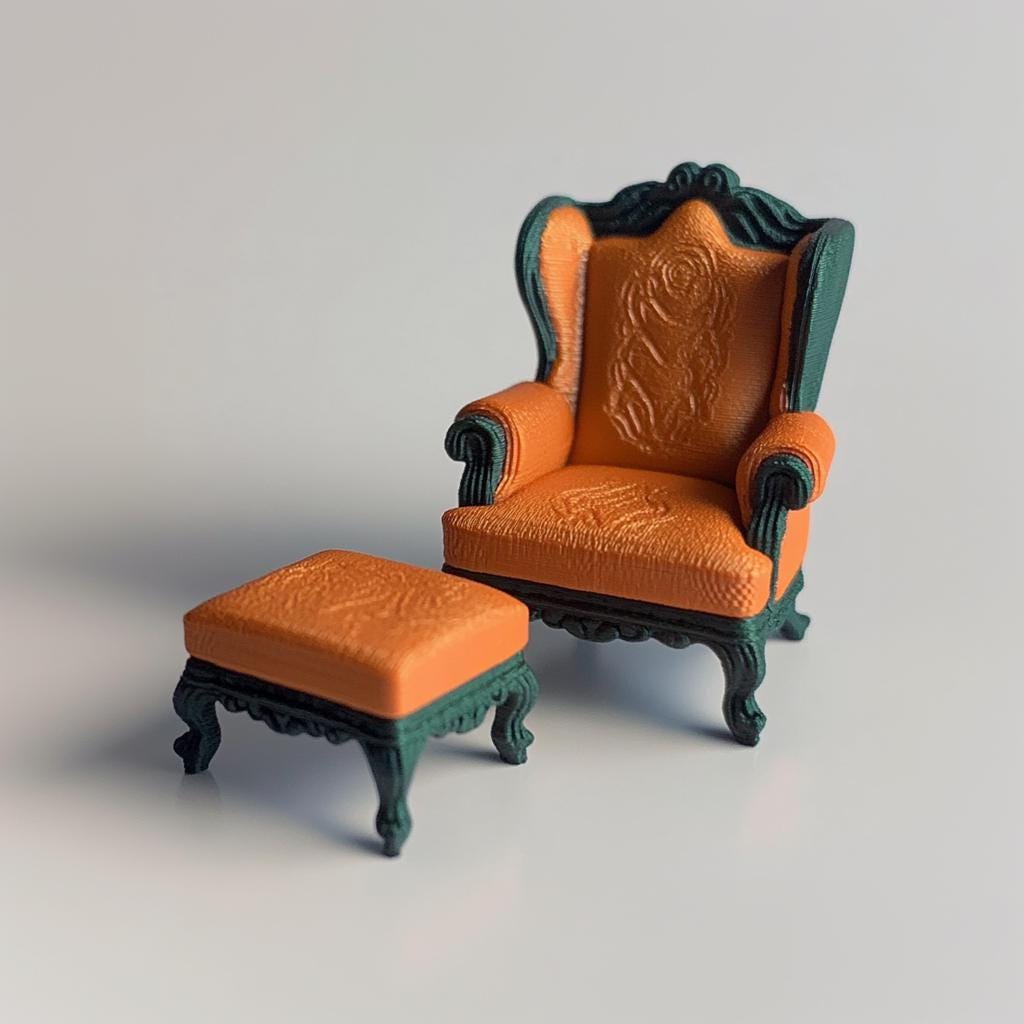 Dollhouse Baroque Armchair & Ottoman | 1:12 Scale Miniature Furniture 3D Printed Ornate Chair | Victorian Dollhouse Decor Miniature Seating