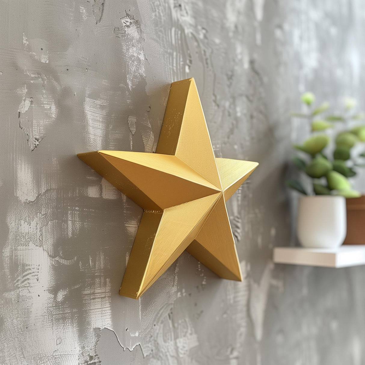 3D printed star-shaped wall decor with minimalist geometric design, made from matte PLA plastic, displayed as modern home wall accent