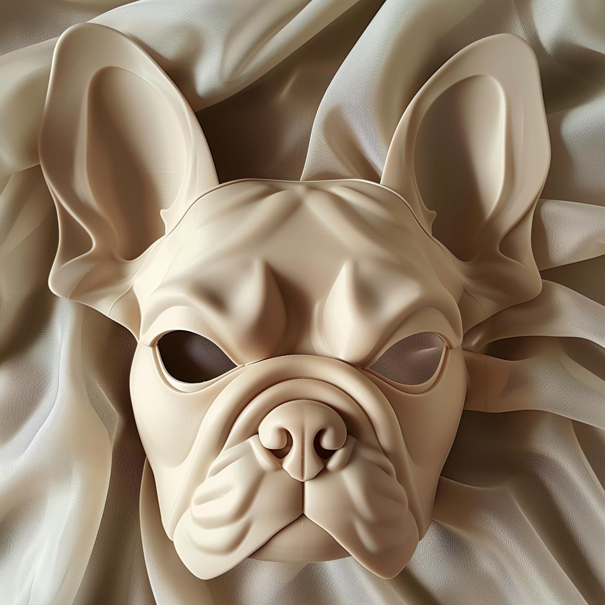 3D printed French bulldog mask made of matte beige PLA plastic, displayed on soft fabric background, modern animal art and cosplay accessory