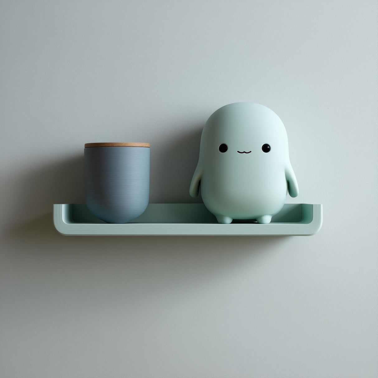 3D printed wall shelf with a slim rounded ledge holding a small blob-like character and a cup, made from matte PLA plastic and mounted on a light-colored wall.