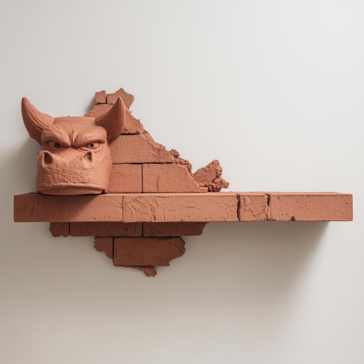 3D printed wall shelf with a stylized dragon head emerging from a cracked brick backdrop, made of matte PLA plastic and mounted on a light wall.