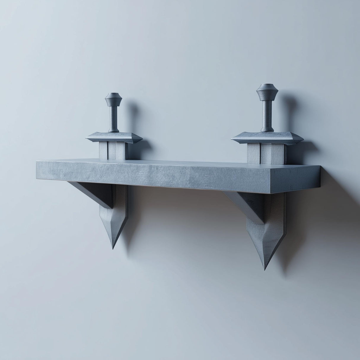 3D printed matte PLA wall shelf with two stylized sword-shaped supports mounted on a light-colored wall.