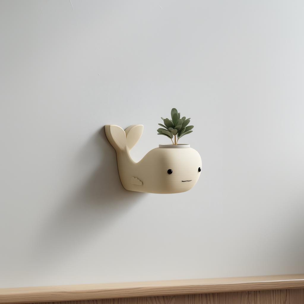 3D Printed Whale Wall Planter | Cute Kawaii Wall Mounted Pot | Minimal Ocean Nursery Decor Accent for Small Plants and Greenery