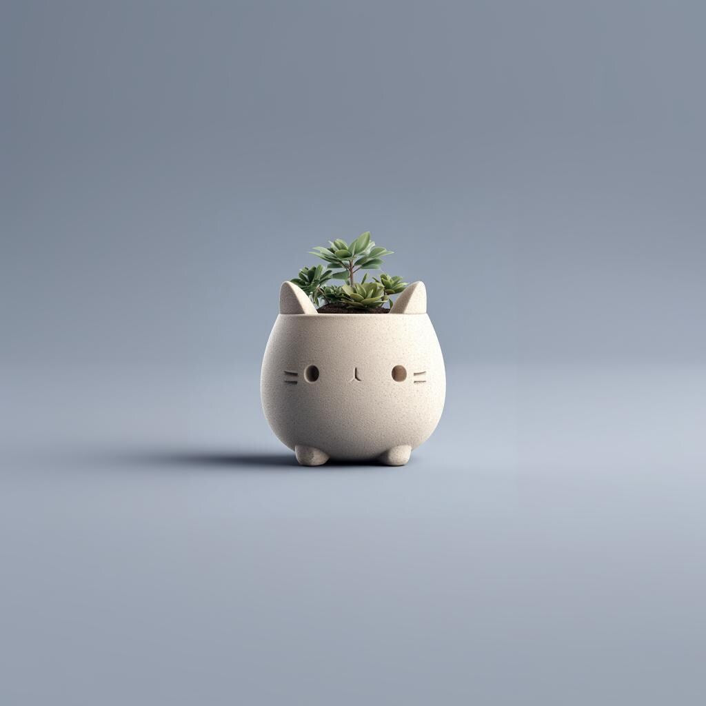 3D Printed Cat Planter Pot | Kawaii Minimal Succulent Holder | Cute Desk Plant Pot | Modern Tabletop Decor Accent for Home Office Workspace