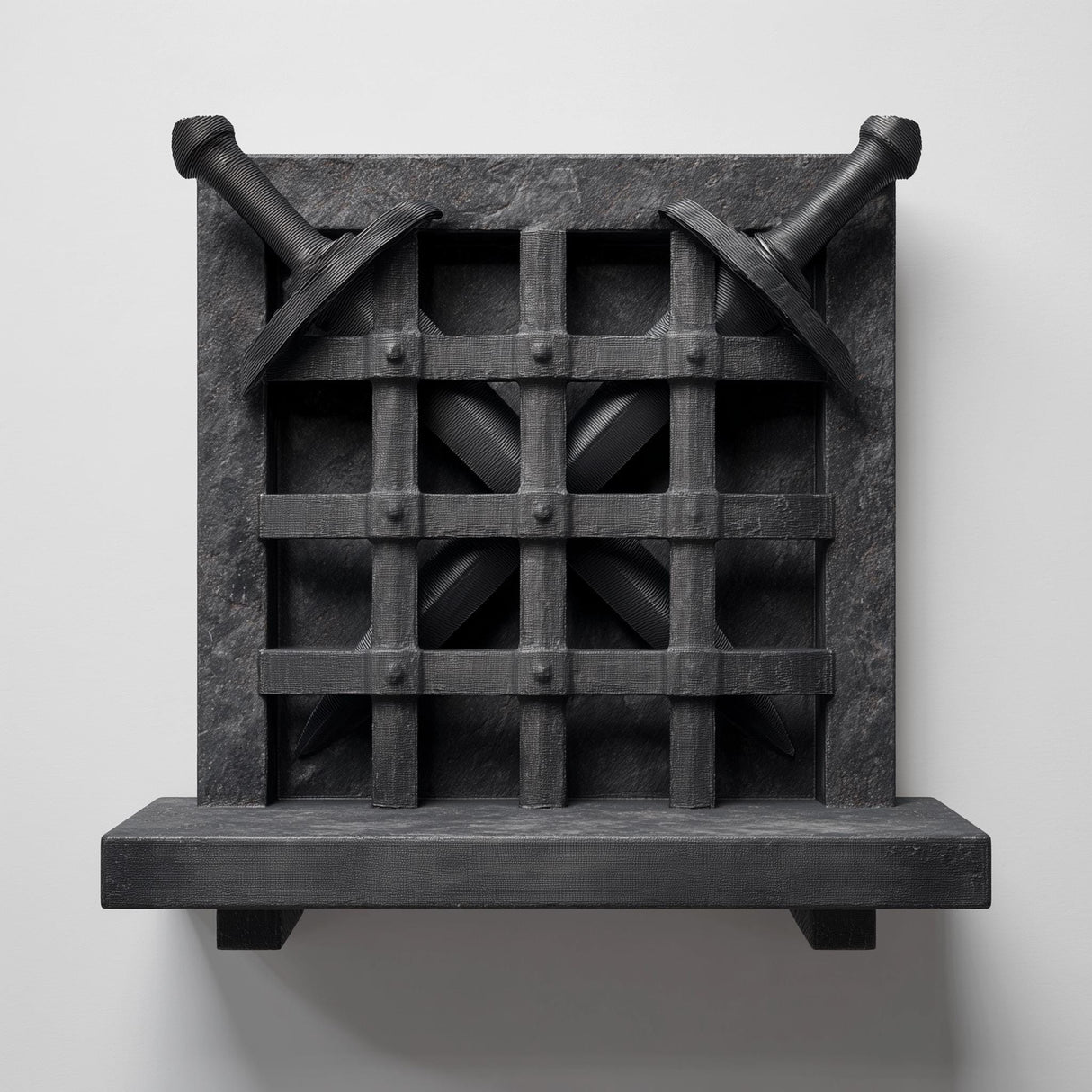 3D printed wall shelf with a medieval grid panel and two removable decorative swords stored behind the barred gate.