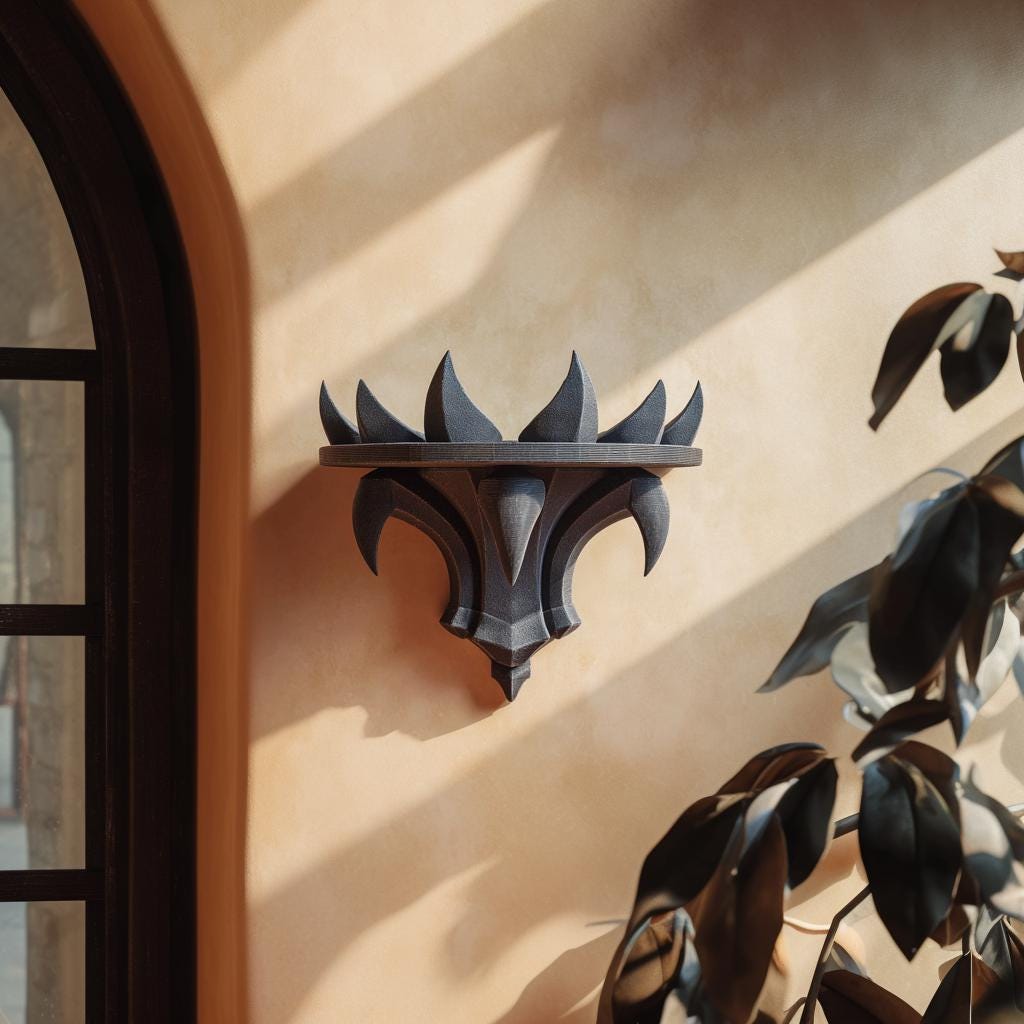 3D Printed Gothic Flame Wall Shelf | Dark Fantasy Spiked Ledge | Black PLA Floating Display for Living Room, Bedroom or Game Room Decor