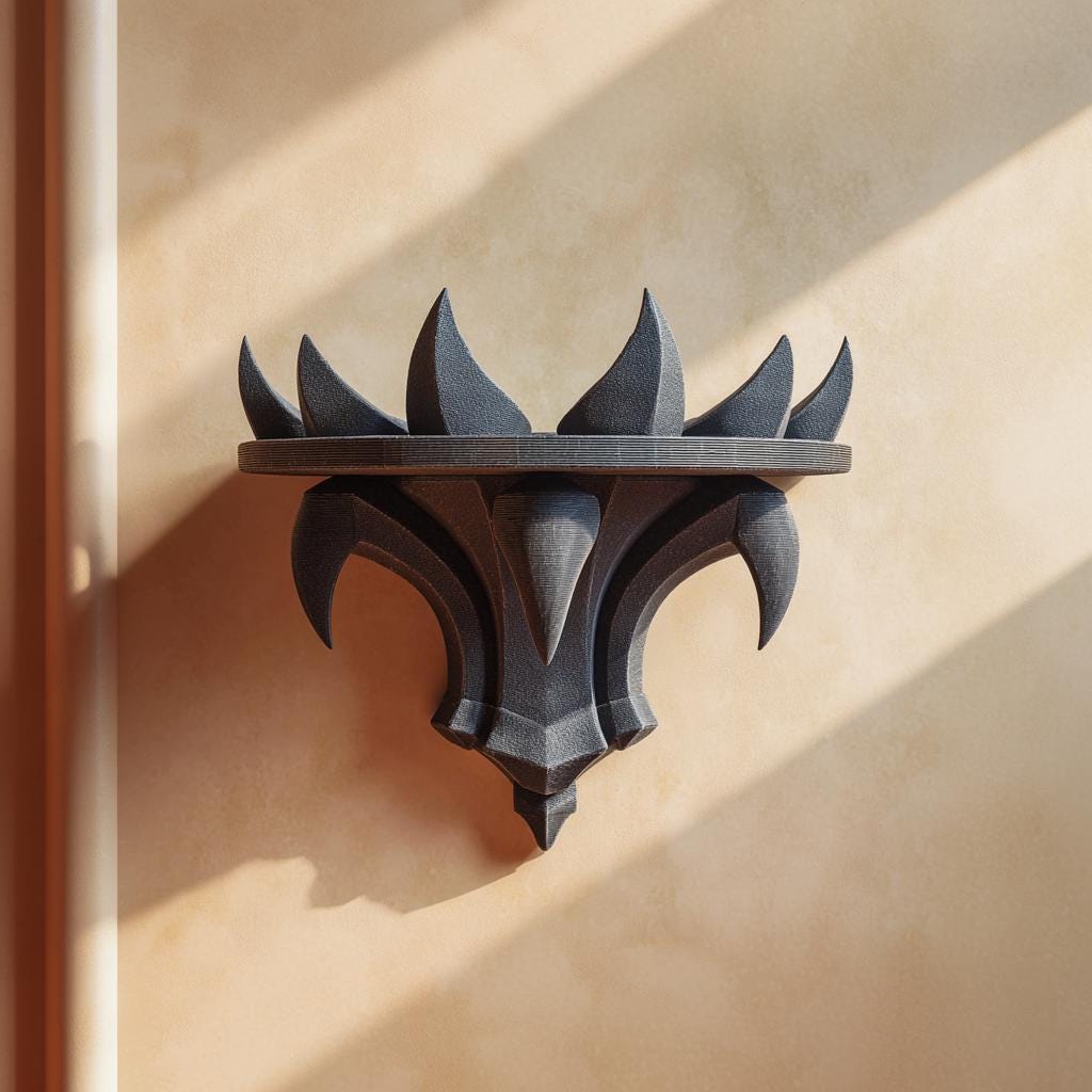 3D Printed Gothic Flame Wall Shelf | Dark Fantasy Spiked Ledge | Black PLA Floating Display for Living Room, Bedroom or Game Room Decor