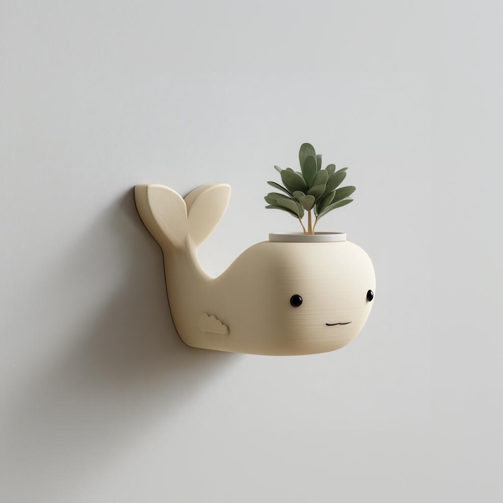 3D Printed Whale Wall Planter | Cute Kawaii Wall Mounted Pot | Minimal Ocean Nursery Decor Accent for Small Plants and Greenery