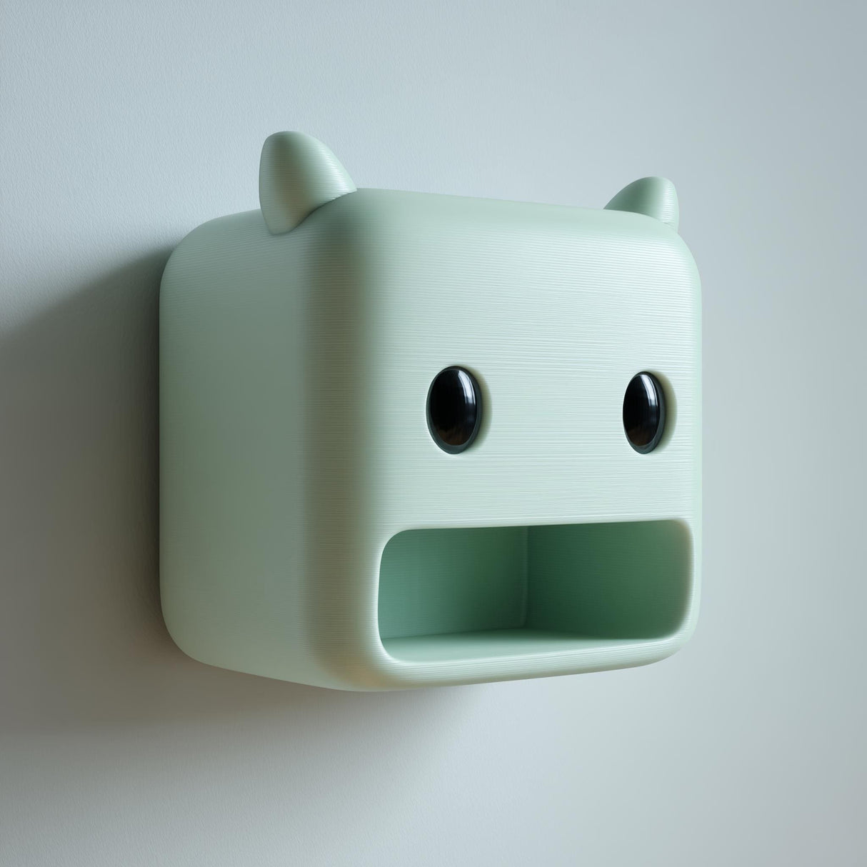 Mint green 3D printed wall-mounted storage cubby shaped like a square monster face with tiny ears, big glossy eyes and an open mouth niche.