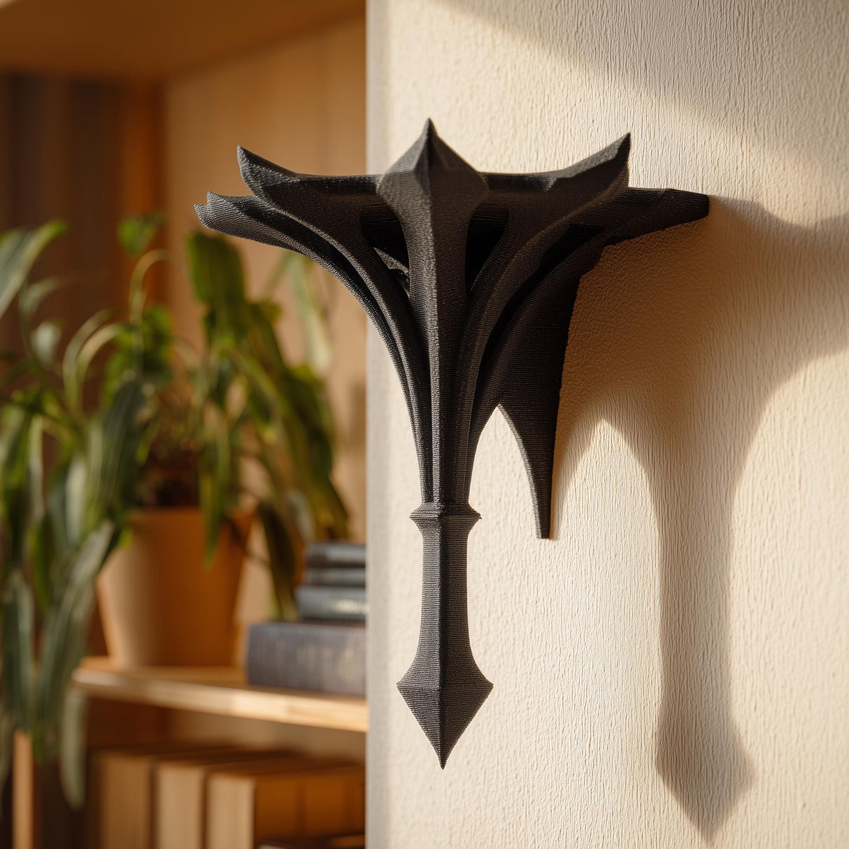Small gothic-style 3D printed wall shelf bracket with a pointed spire shape, mounted on a light wall and used as a decorative display ledge.