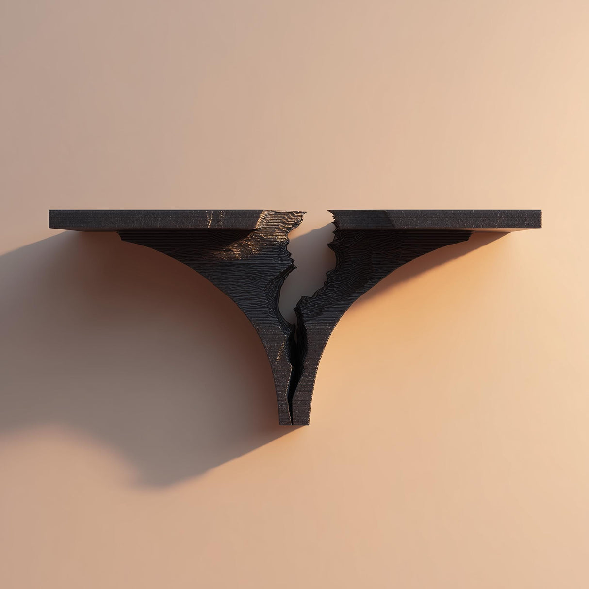 3D printed dark wall shelf with a dramatic broken-rift design in the center, forming two ledges connected by a jagged crack-like support.