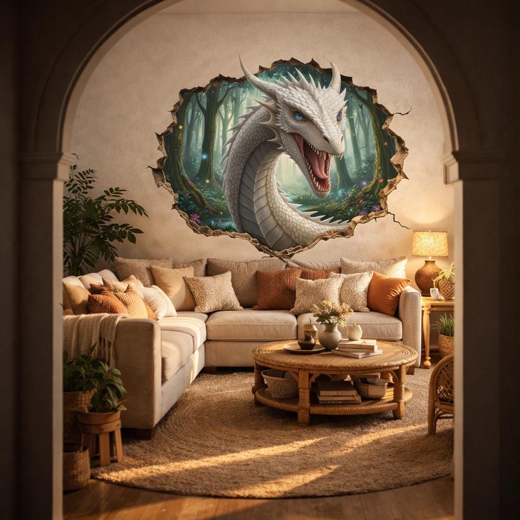 White Dragon Wall Decal | 3D Wall Hole Sticker