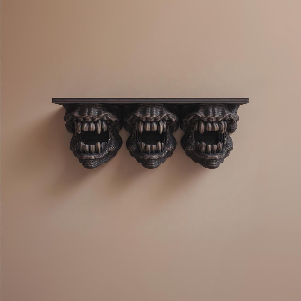 3D Printed Triple Monster Head Wall Shelf | Horror Gothic Floating Ledge | Dark Fantasy Creature Decor for Gaming Room, Bedroom or Hallway