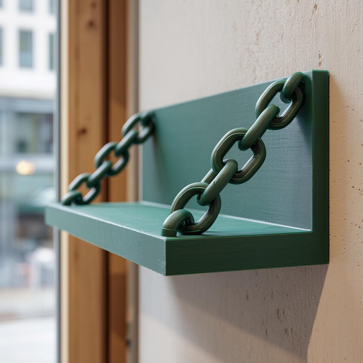 3D printed matte green wall shelf with integrated chain supports, mounted on a light textured wall near a window in a modern interior.