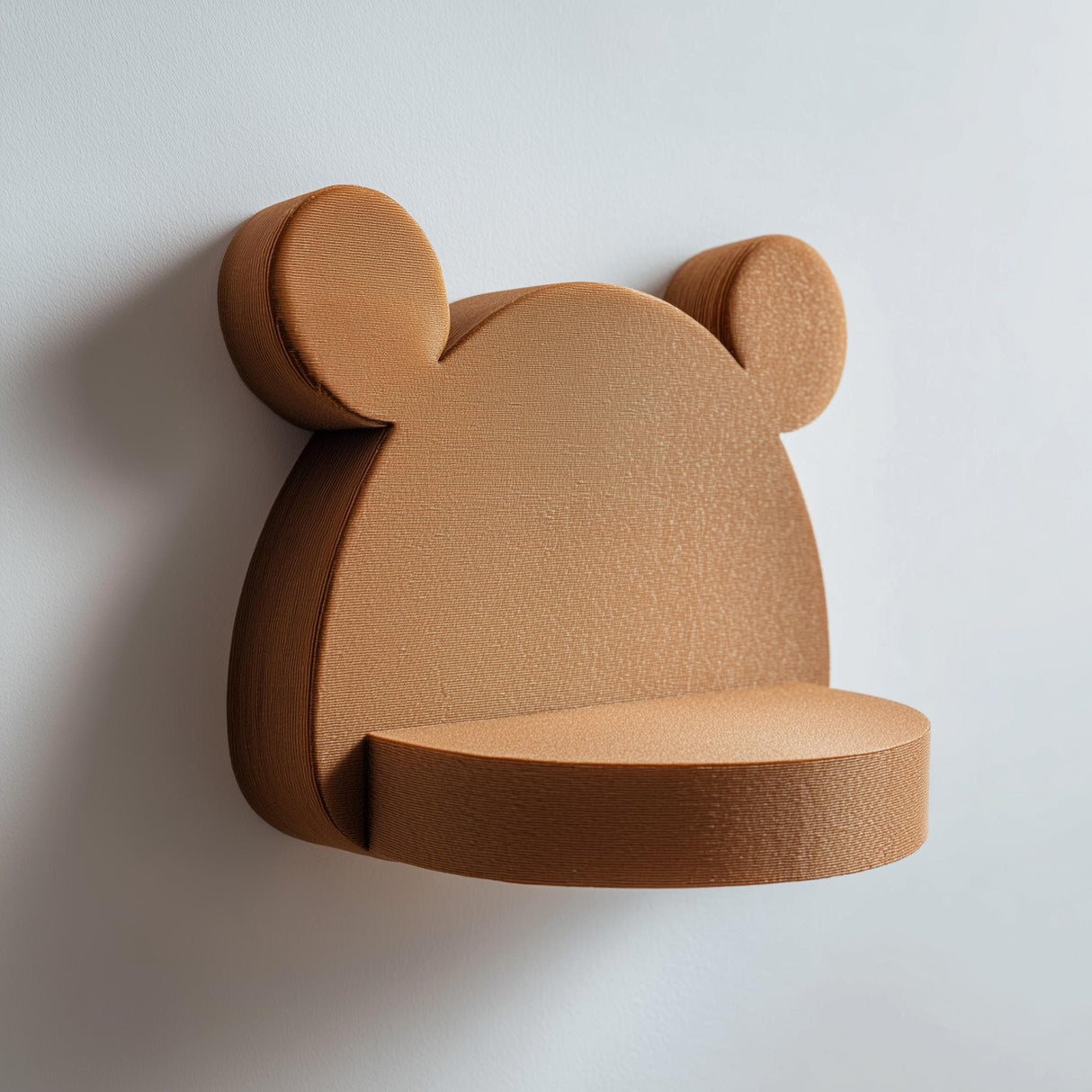 3D printed cute bear-shaped wall shelf with rounded ears and a small circular floating ledge, mounted on a clean minimalist wall.