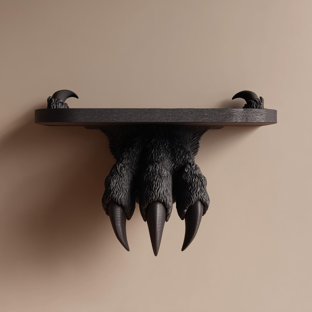 3D printed wall-mounted shelf featuring a dark fantasy monster claw gripping a flat floating ledge, designed as a horror-themed wall decor piece.