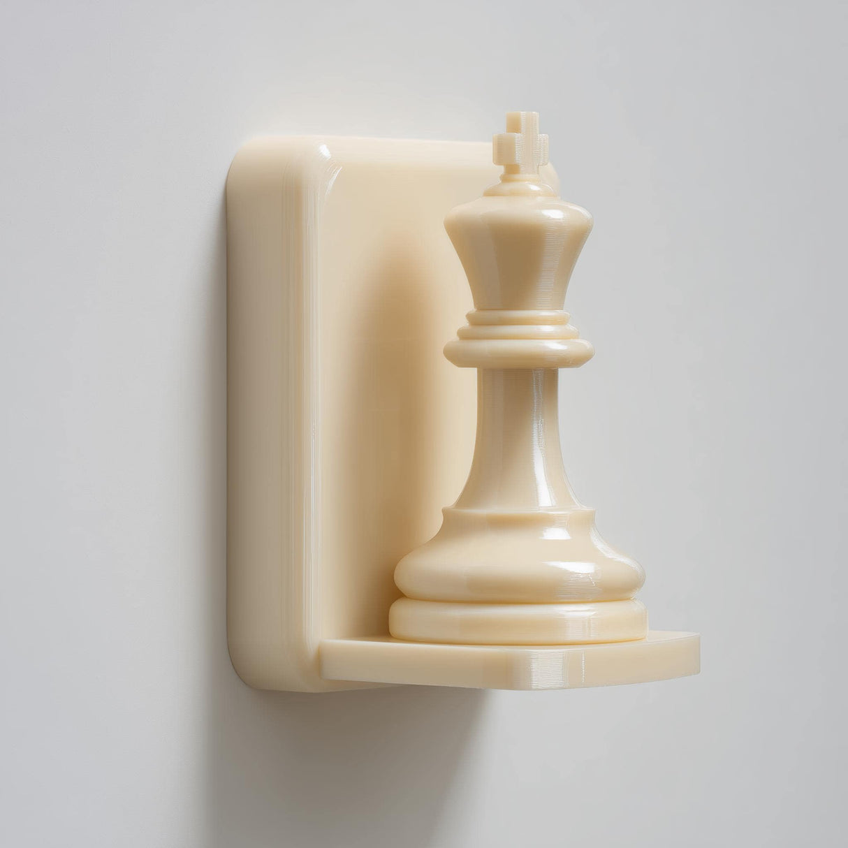 3D printed wall-mounted shelf designed as a chess king piece standing on a compact floating ledge, styled as minimalist strategy-themed wall decor.