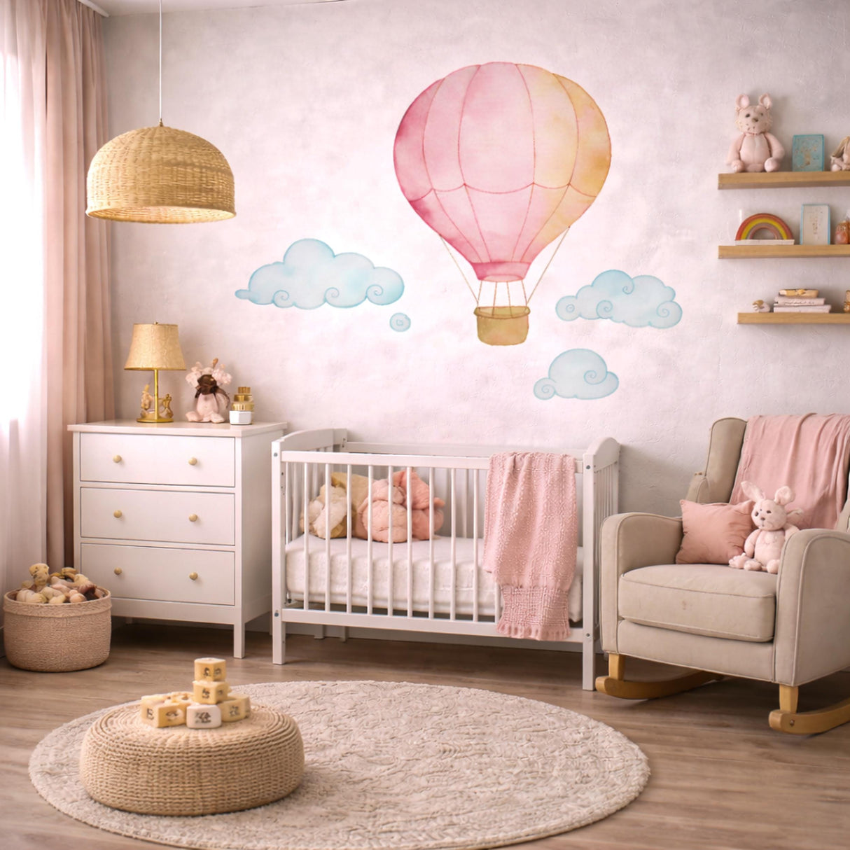Pink Hot Air Balloon Wall Decal | Watercolor Nursery Decor for Girls