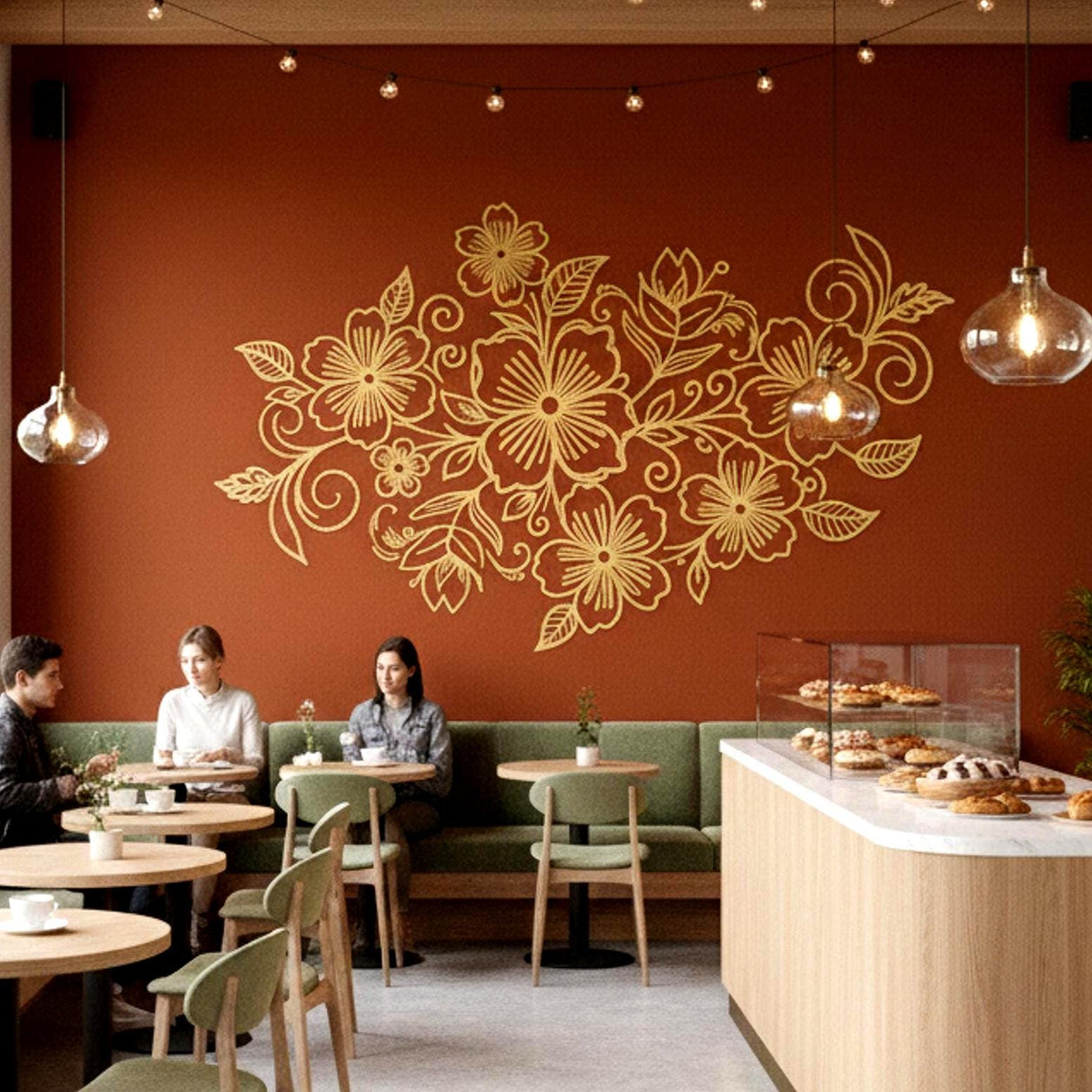 A minimalist golden-yellow line art illustration of several flowers and leaves on a plain white background. The design features one large central flower surrounded by smaller blossoms and curling vines, all rendered in thin, elegant gold-colored strokes.