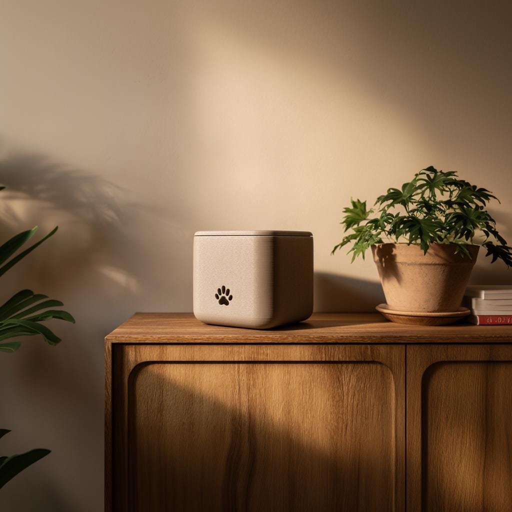 3D Printed Modern Square Pet Cremation Urn with Paw Print | Minimalist 3D Printed Memorial Box for Pets | Neutral Remembrance Home Decor