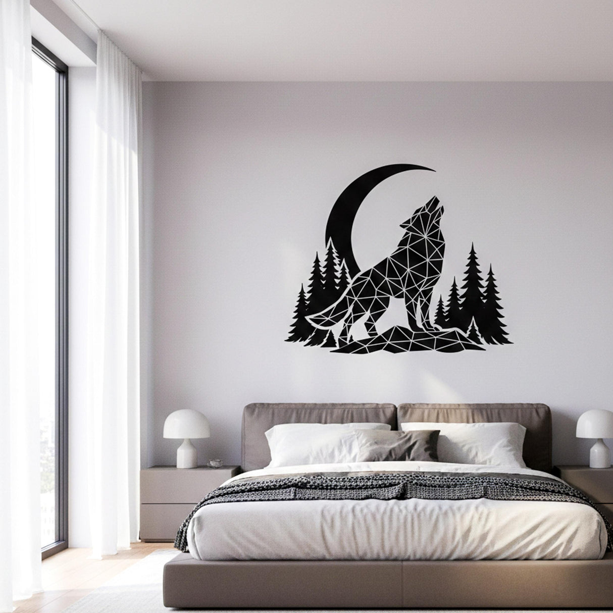 Geometric Wolf Wall Decal | Low Poly Howling Wolf Sticker | Modern Forest Moon Mural | Origami Animal Wall Art | Nordic Nature Decor
