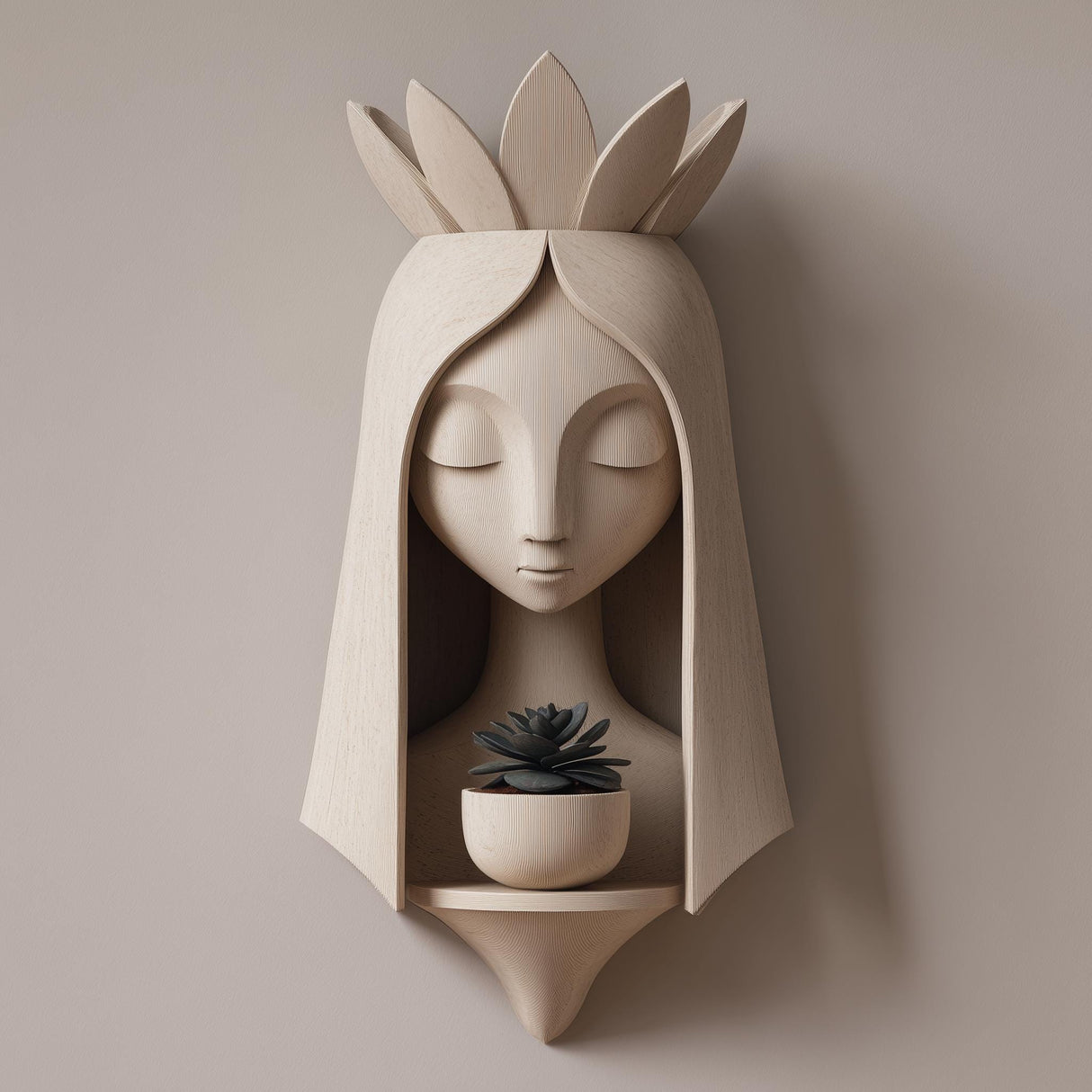 3D printed wall mounted fairy face planter shelf with a small succulent pot, featuring a serene sculptural face and crown-like details, displayed on a neutral wall.