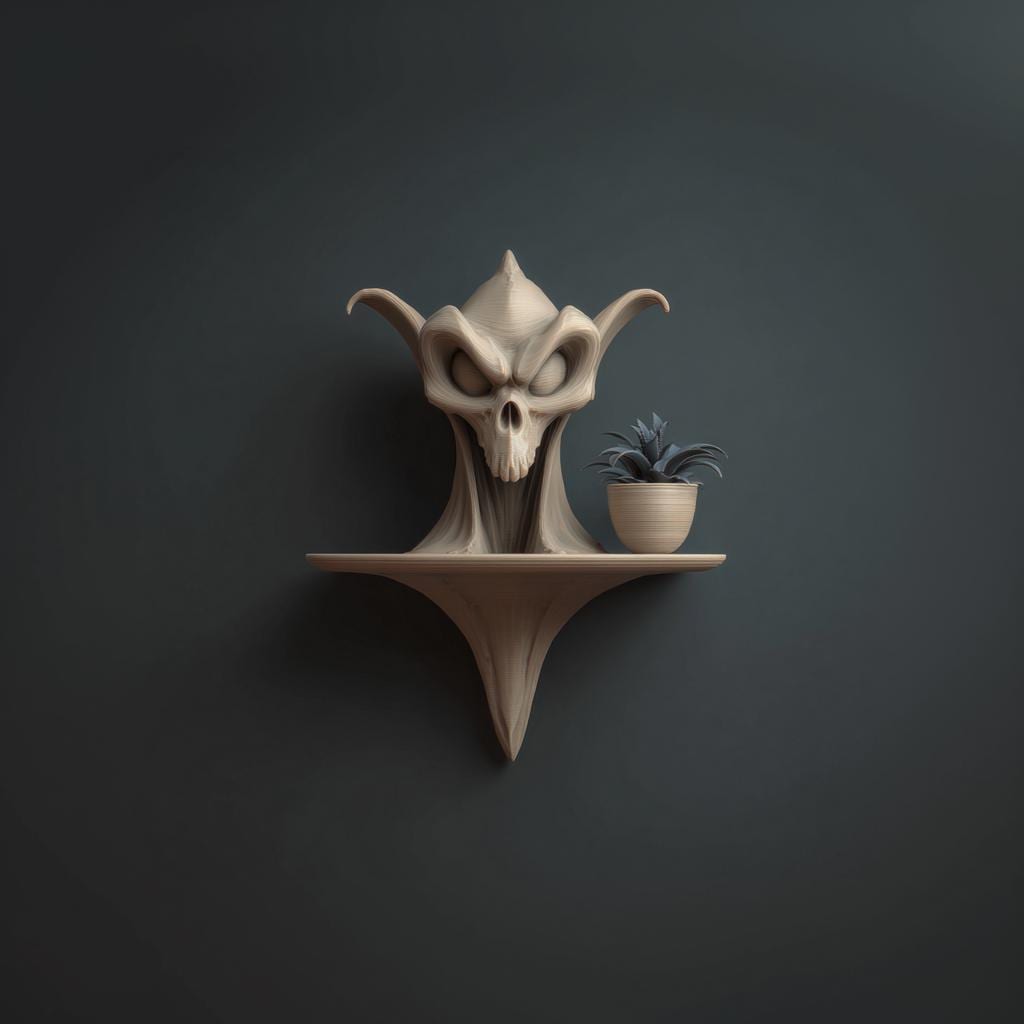 Wall Mounted Skull Planter Shelf | 3D Printed Dark Fantasy Sculptural Wall Decor with Pot | Gothic Art Shelf for Plants Modern Interiors