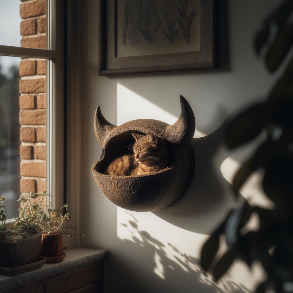 Wall Mounted Horned Cat Shelf Bed | 3D Printed Sculptural Cat Wall Bed | Fantasy Inspired Modern Cat Furniture for Stylish Interiors