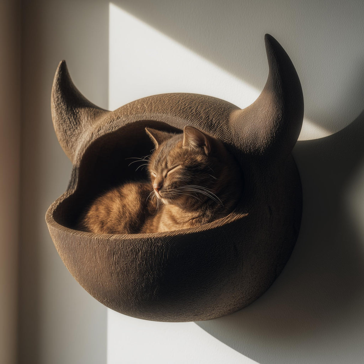 3D printed wall mounted cat shelf bed with horned sculptural design, holding a sleeping cat in soft natural window light.