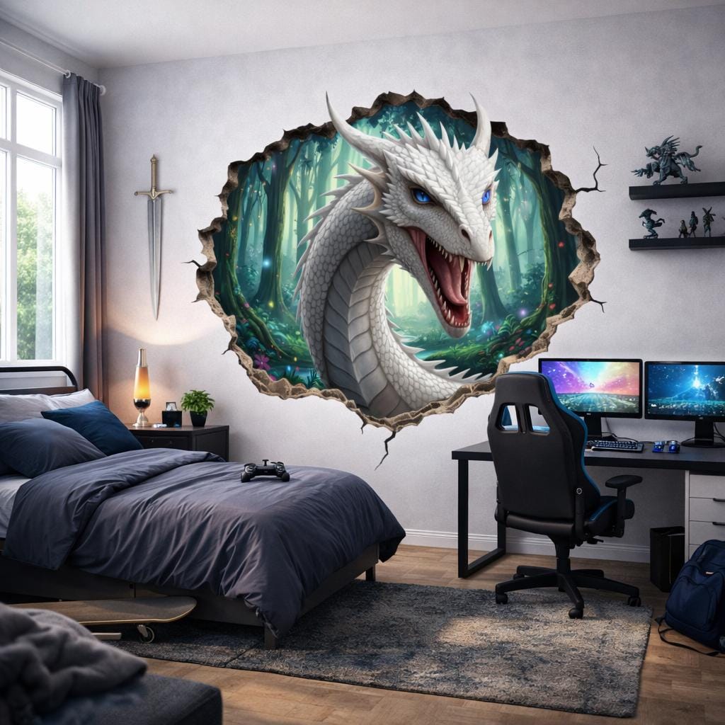 White Dragon Wall Decal | 3D Wall Hole Sticker