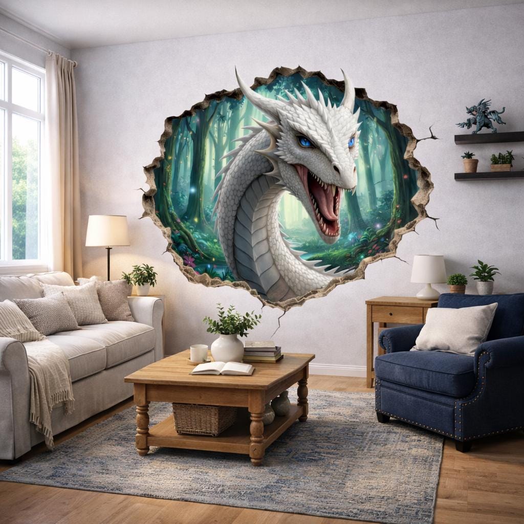 White Dragon Wall Decal | 3D Wall Hole Sticker