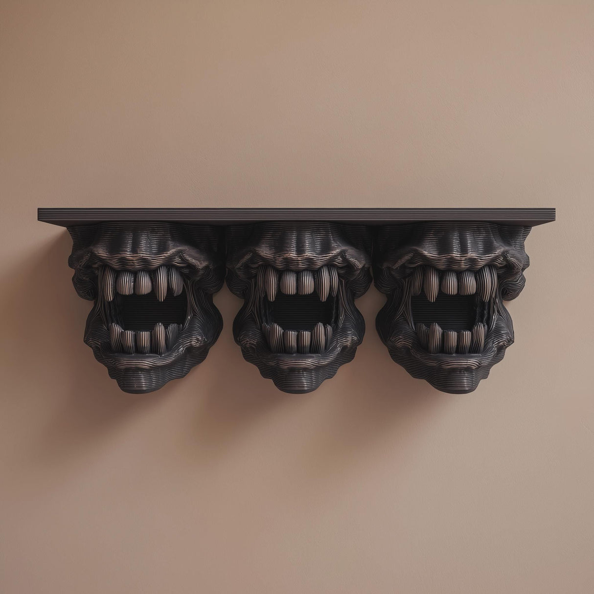 3D printed dark monster wall shelf with three snarling creature heads featuring open mouths and sharp teeth, supporting a flat floating ledge on a neutral wall.