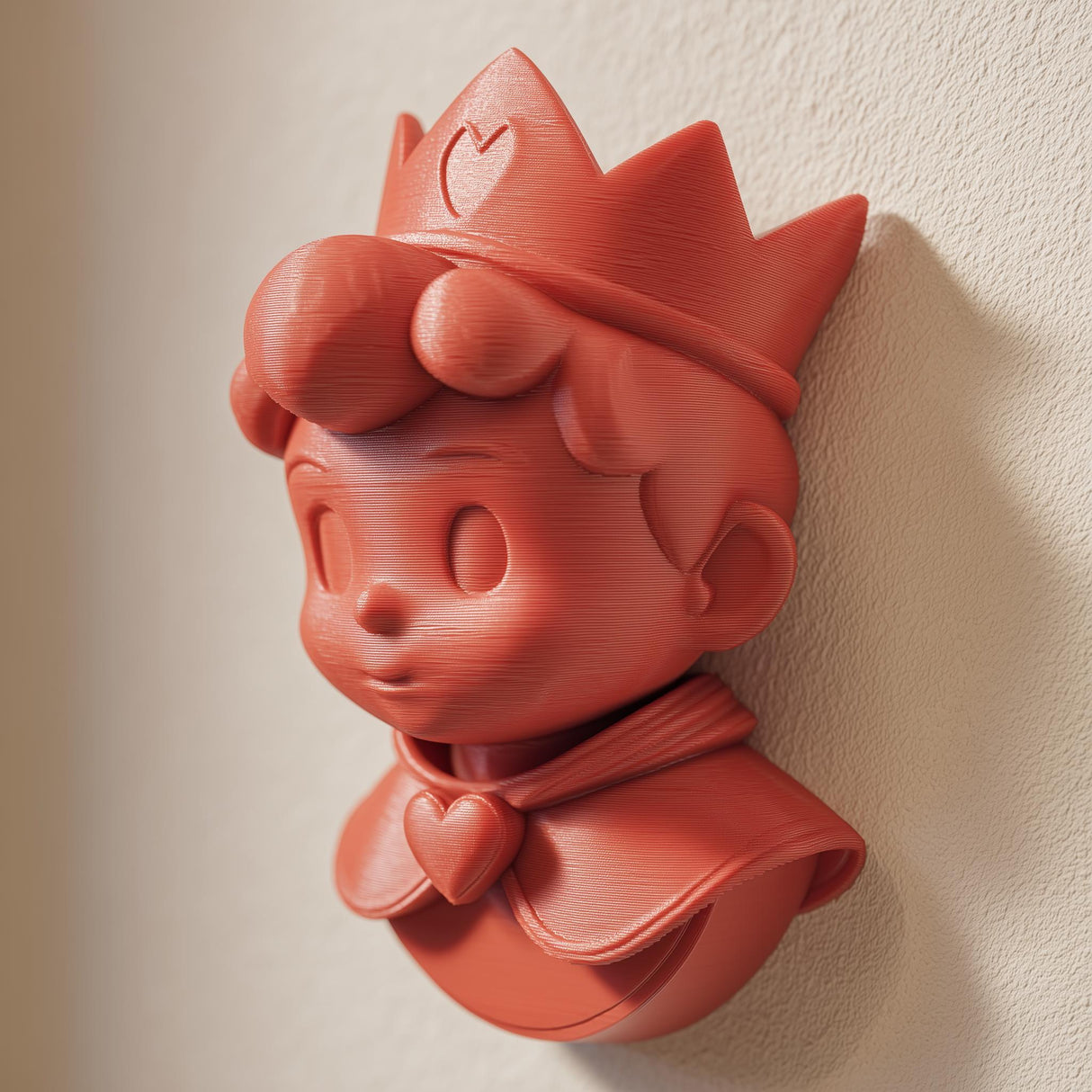 3D printed wall-mounted cute anime prince figure with a crown and heart-shaped cape detail, designed as kawaii fantasy wall decor.
