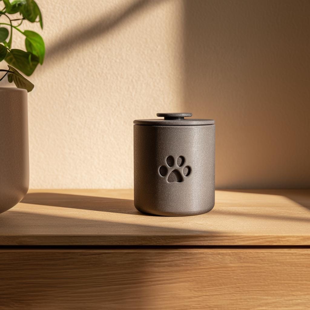 3D Printed Pet Memorial Urn | Minimalist Cylindrical Cremation Urn with Paw Symbol | Modern Remembrance Decor for Dogs or Cats