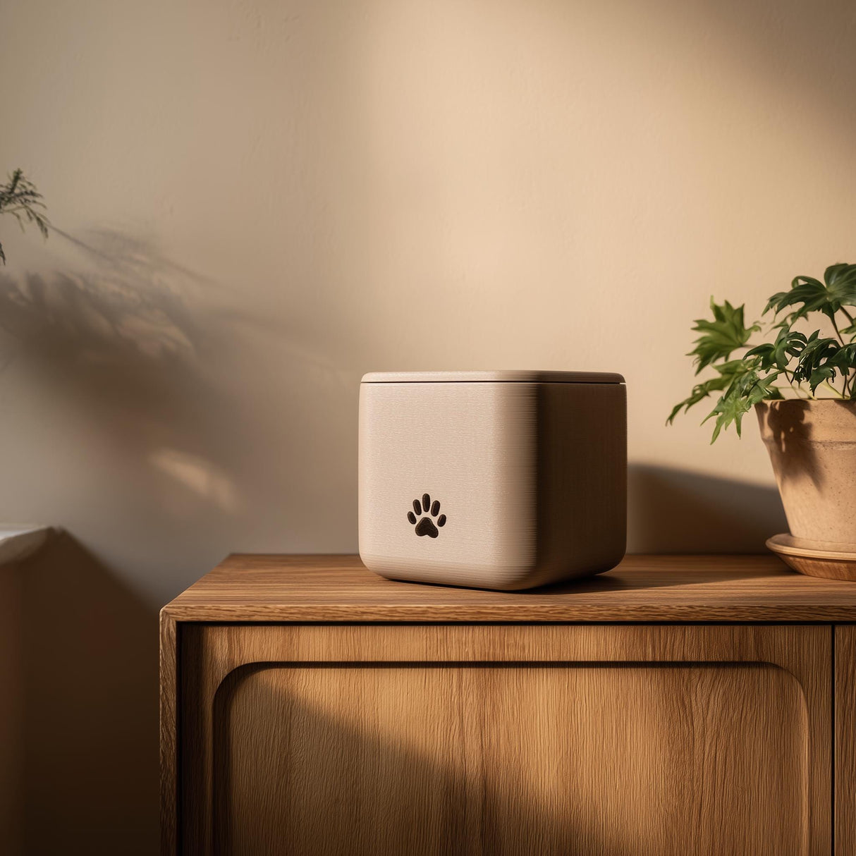 Square minimalist 3D printed pet cremation urn with a small paw print, placed on a wooden cabinet in a warm, modern interior.