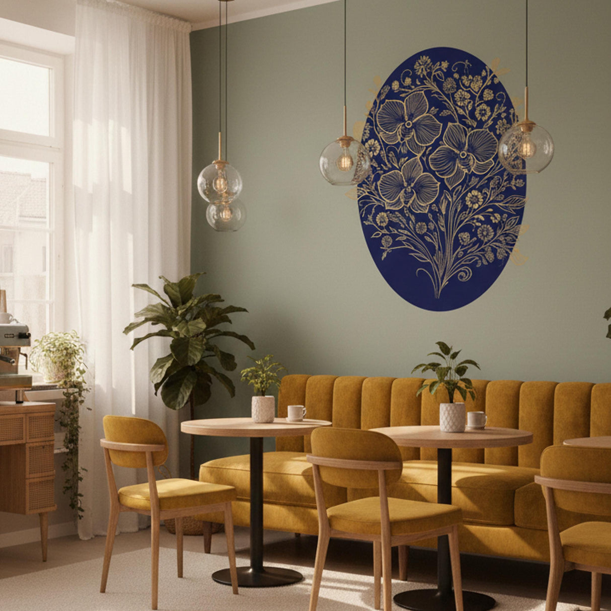 Gold Filigree Orchid Decal | Navy Blue Floral Mural | Ornate Botanical Wall Art | Luxury Gold Flower Sticker | Traditional Navy Home Decor