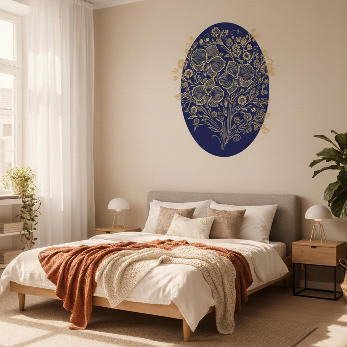 Gold Filigree Orchid Decal | Navy Blue Floral Mural | Ornate Botanical Wall Art | Luxury Gold Flower Sticker | Traditional Navy Home Decor